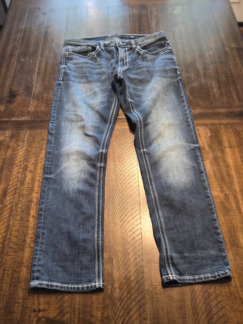 BKE Buckle Alec Jeans Mens 32X30 Blue Straight Leg Stretch Whiskers Denim G969